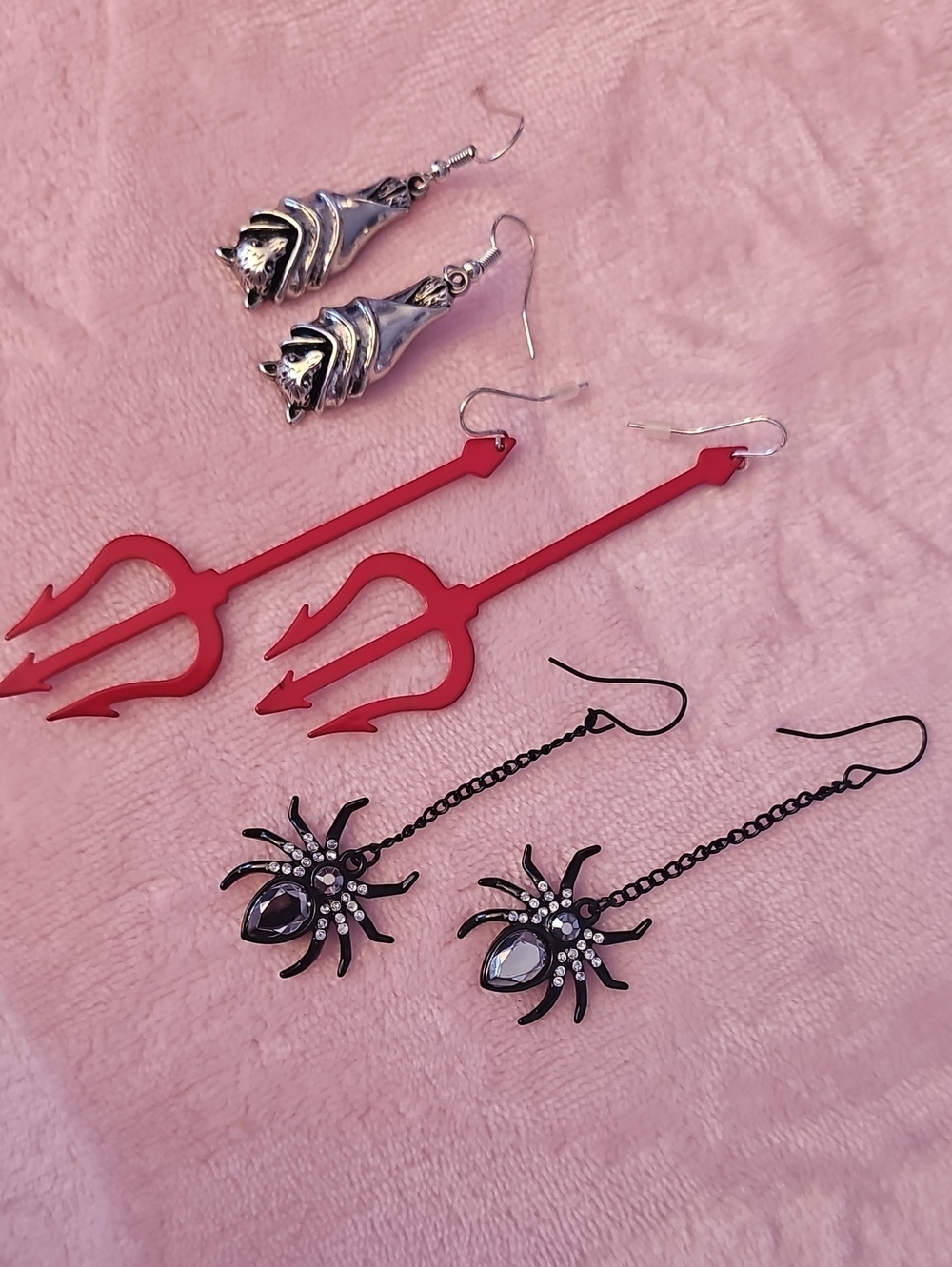 Assorted Spooky Earrings Trio - Red Tridents, Metal Bats, Black Spider Drops